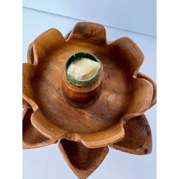 Vintage Mid-Century Monkey Pod Lotus Flower Wood Candle Holder Taper Candle Tiki - Picture 8 of 8